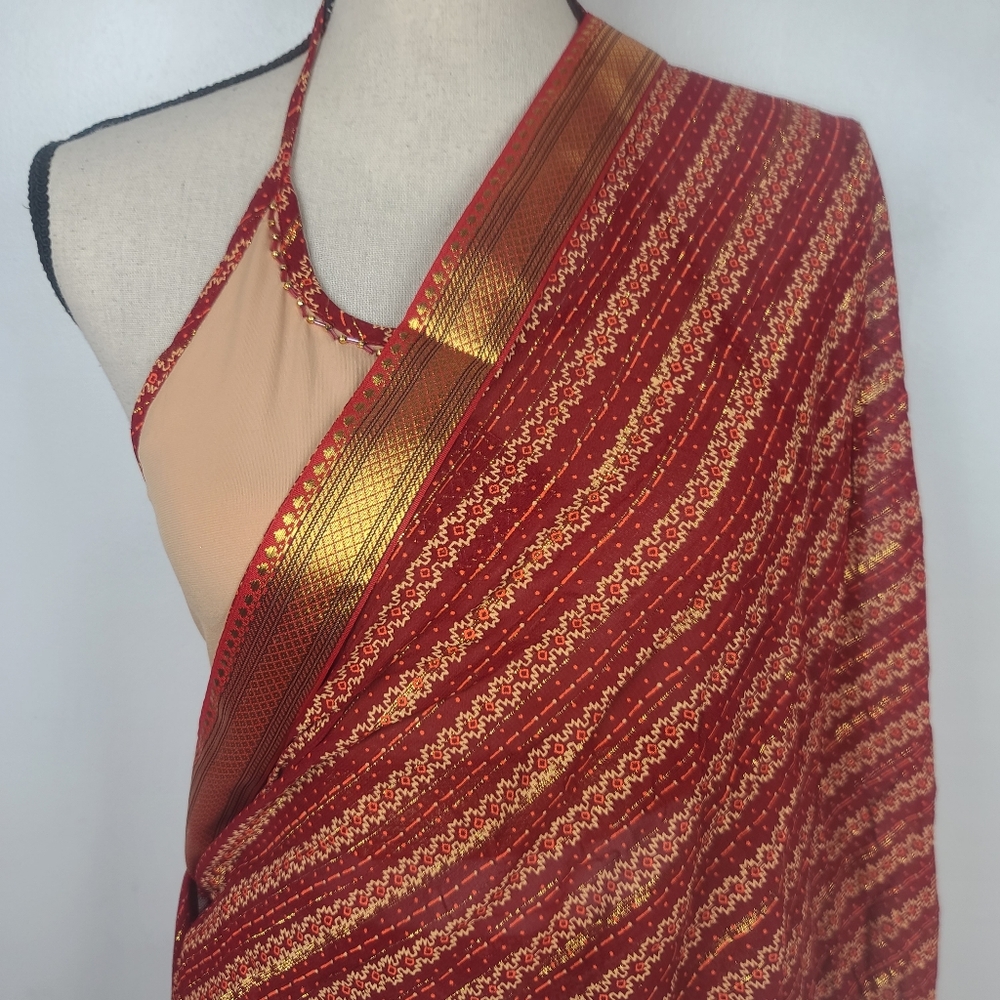 Red Sari Saree Skirt & Running Blouse Border Leheriya Print Regular Wear S - Picture 7 of 16